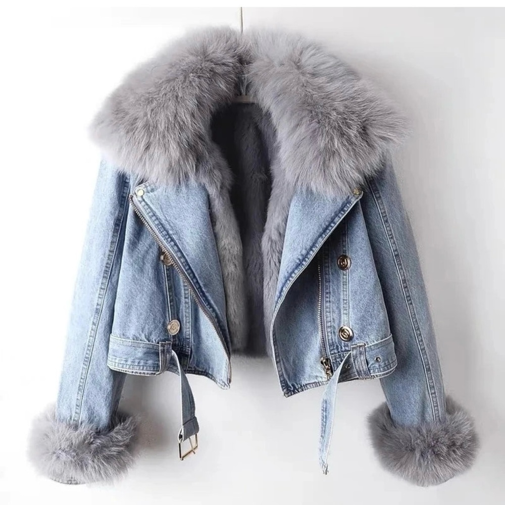 FAUX FUR COLLAR DENIM JACKET XL